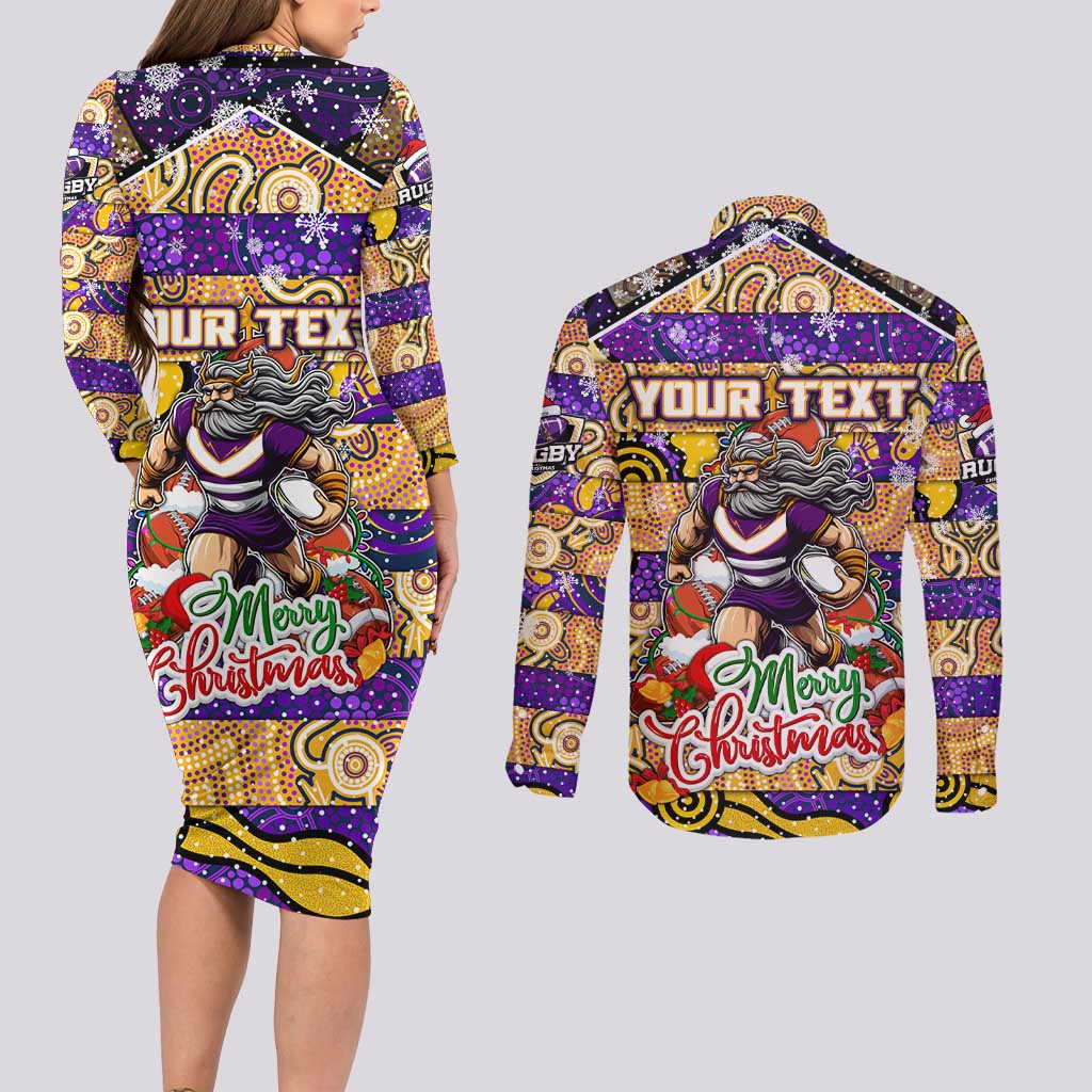 Custom Storm Rugby Merry Christmas Couples Matching Long Sleeve Bodycon Dress and Long Sleeve Button Shirt Indigenous Australian Art