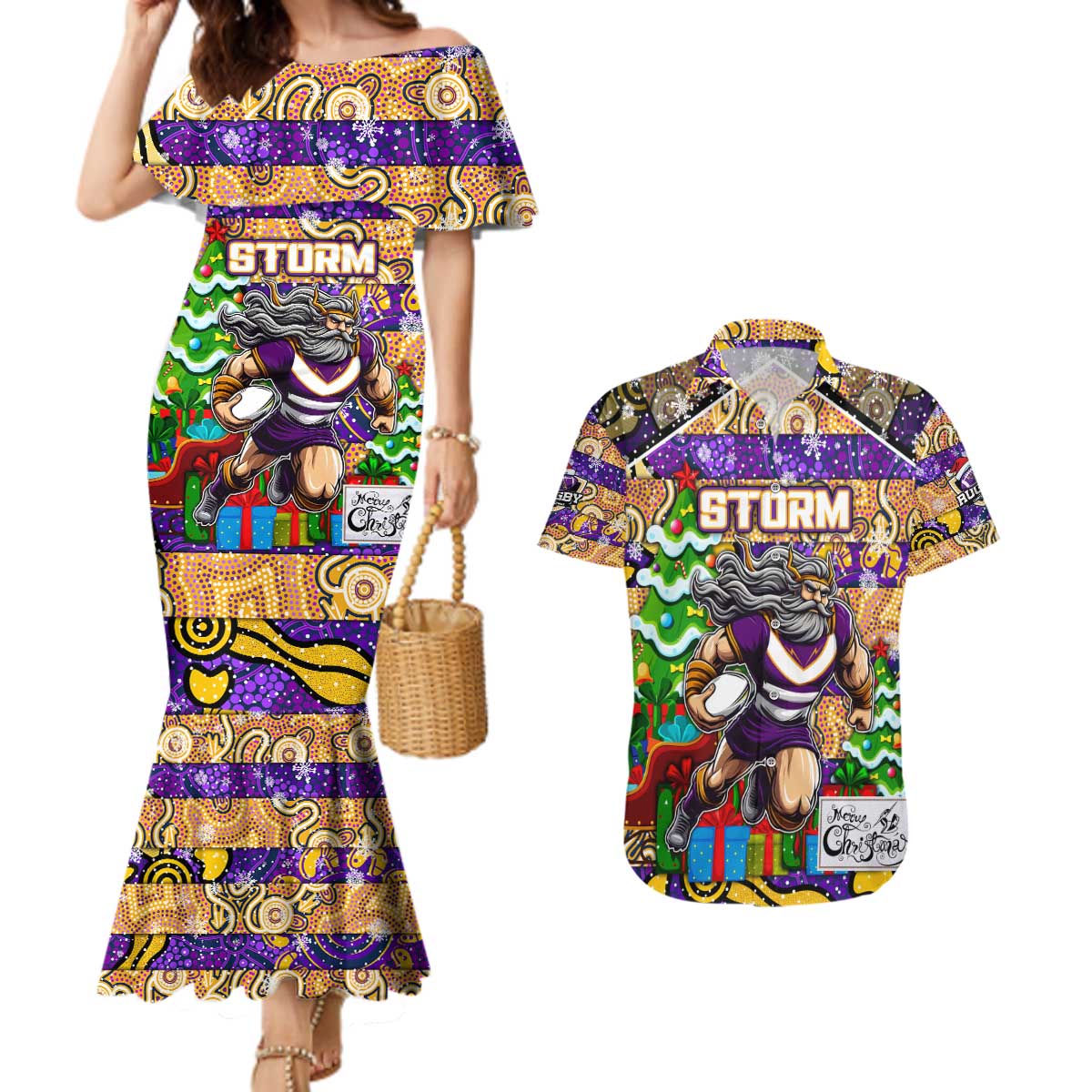 Custom Storm Rugby Merry Christmas Couples Matching Mermaid Dress and Hawaiian Shirt Indigenous Australian Art