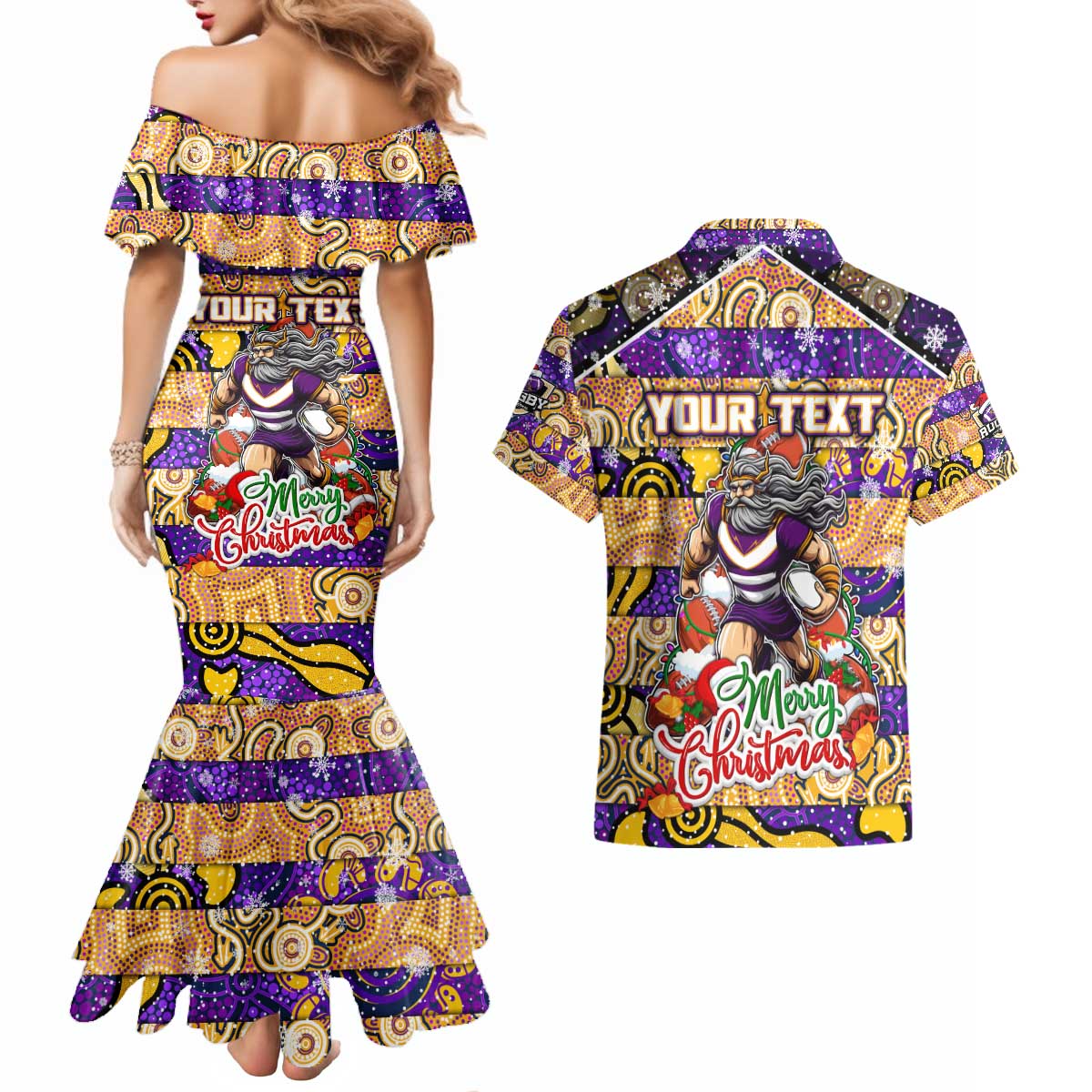 Custom Storm Rugby Merry Christmas Couples Matching Mermaid Dress and Hawaiian Shirt Indigenous Australian Art