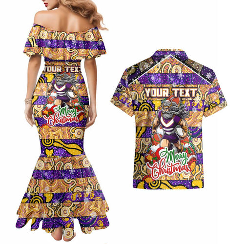 Custom Storm Rugby Merry Christmas Couples Matching Mermaid Dress and Hawaiian Shirt Indigenous Australian Art