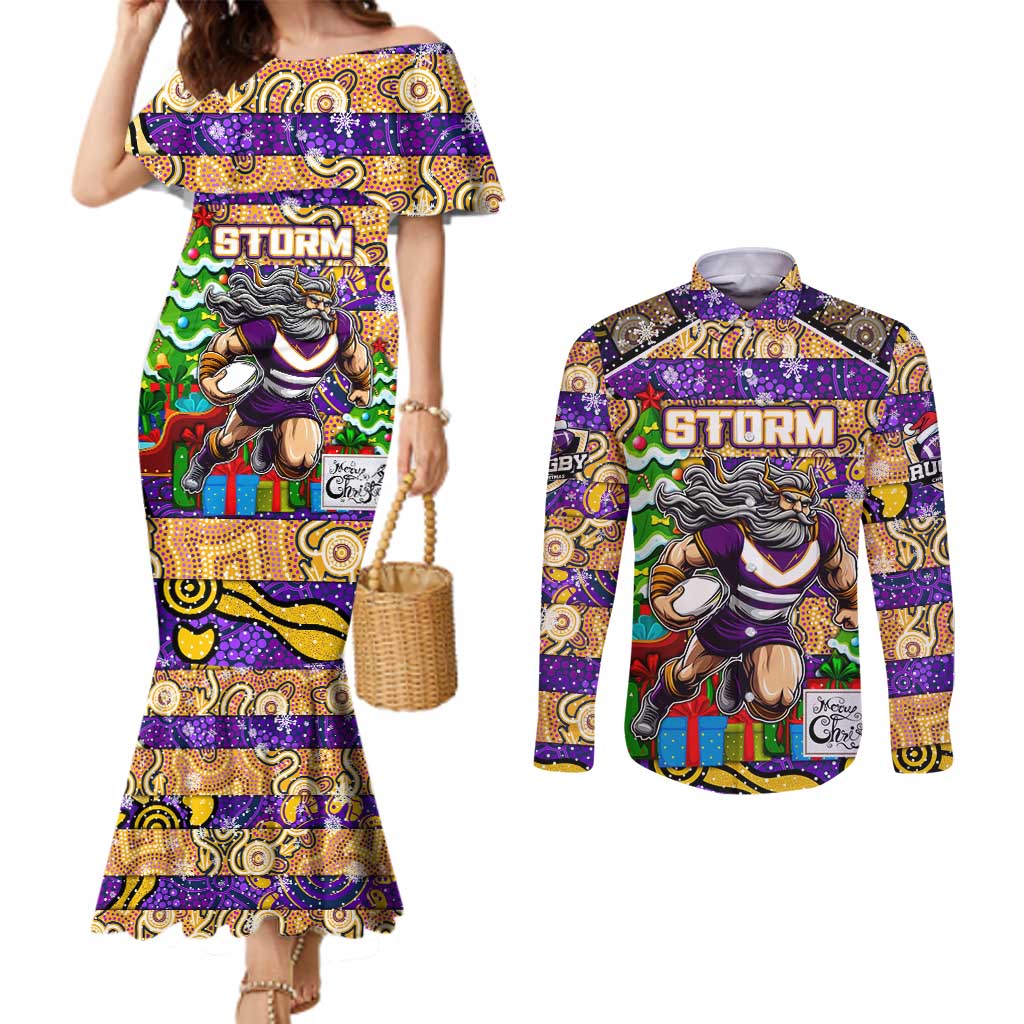 Custom Storm Rugby Merry Christmas Couples Matching Mermaid Dress and Long Sleeve Button Shirt Indigenous Australian Art