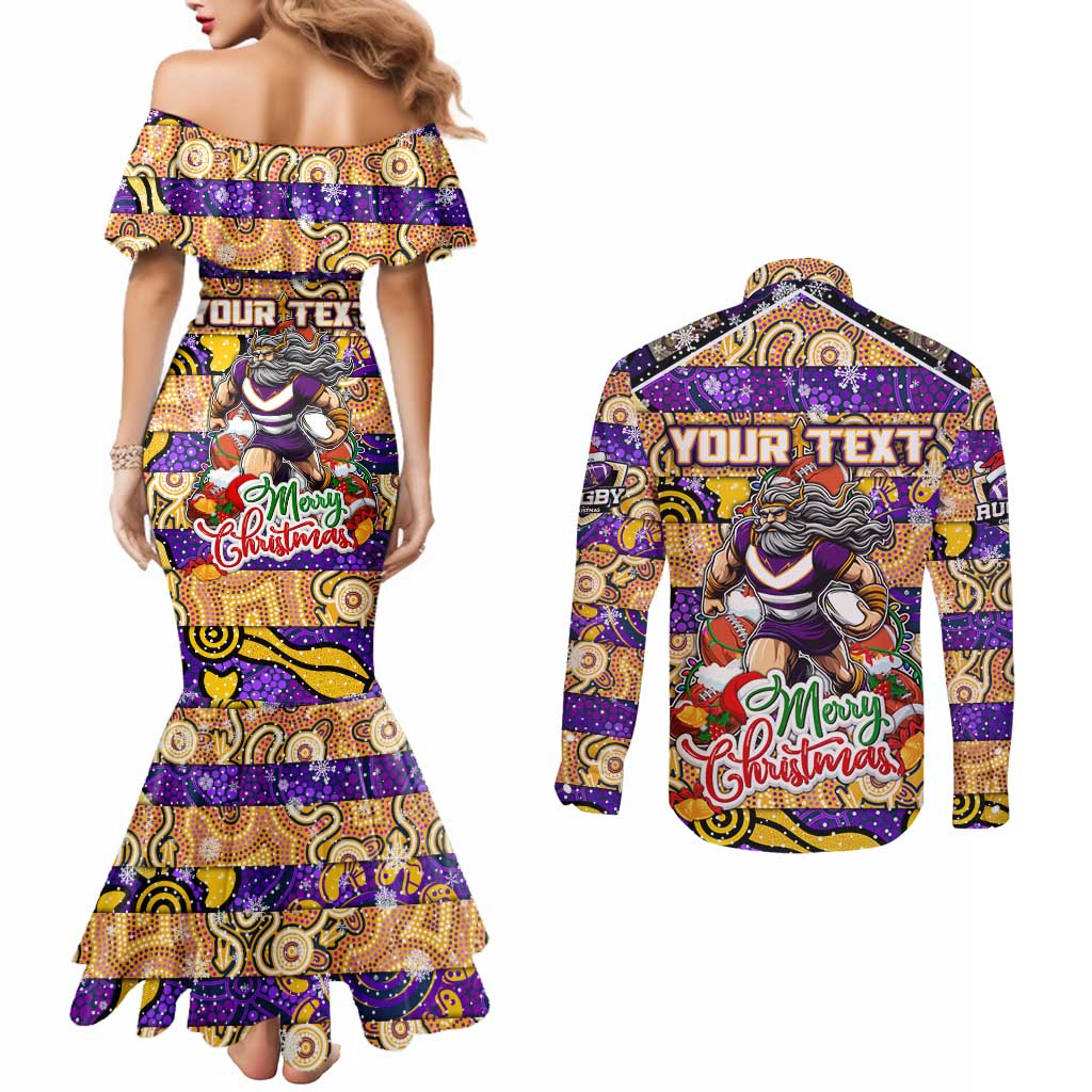 Custom Storm Rugby Merry Christmas Couples Matching Mermaid Dress and Long Sleeve Button Shirt Indigenous Australian Art