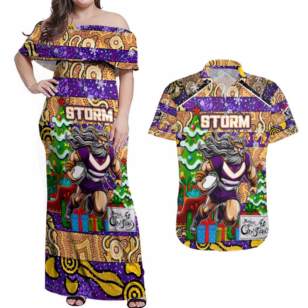 Custom Storm Rugby Merry Christmas Couples Matching Off Shoulder Maxi Dress and Hawaiian Shirt Indigenous Australian Art