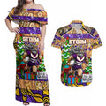 Custom Storm Rugby Merry Christmas Couples Matching Off Shoulder Maxi Dress and Hawaiian Shirt Indigenous Australian Art