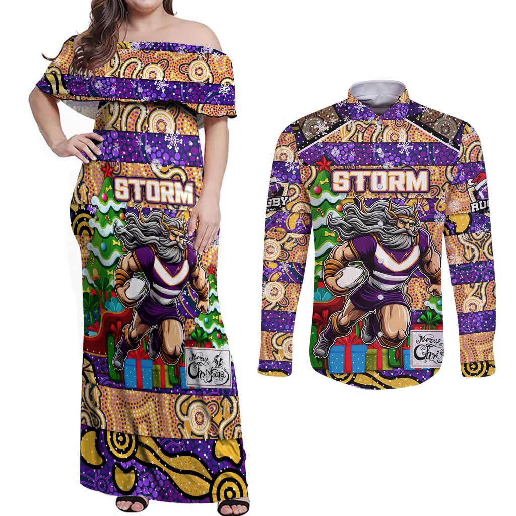 Custom Storm Rugby Merry Christmas Couples Matching Off Shoulder Maxi Dress and Long Sleeve Button Shirt Indigenous Australian Art