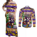 Custom Storm Rugby Merry Christmas Couples Matching Off Shoulder Maxi Dress and Long Sleeve Button Shirt Indigenous Australian Art