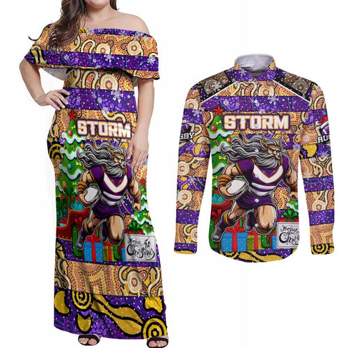 Custom Storm Rugby Merry Christmas Couples Matching Off Shoulder Maxi Dress and Long Sleeve Button Shirt Indigenous Australian Art