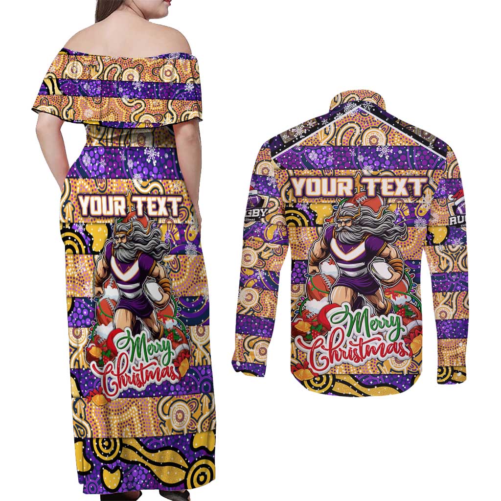 Custom Storm Rugby Merry Christmas Couples Matching Off Shoulder Maxi Dress and Long Sleeve Button Shirt Indigenous Australian Art