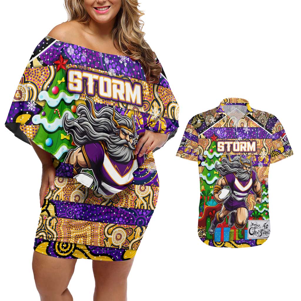 Custom Storm Rugby Merry Christmas Couples Matching Off Shoulder Short Dress and Hawaiian Shirt Indigenous Australian Art