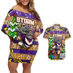 Custom Storm Rugby Merry Christmas Couples Matching Off Shoulder Short Dress and Hawaiian Shirt Indigenous Australian Art