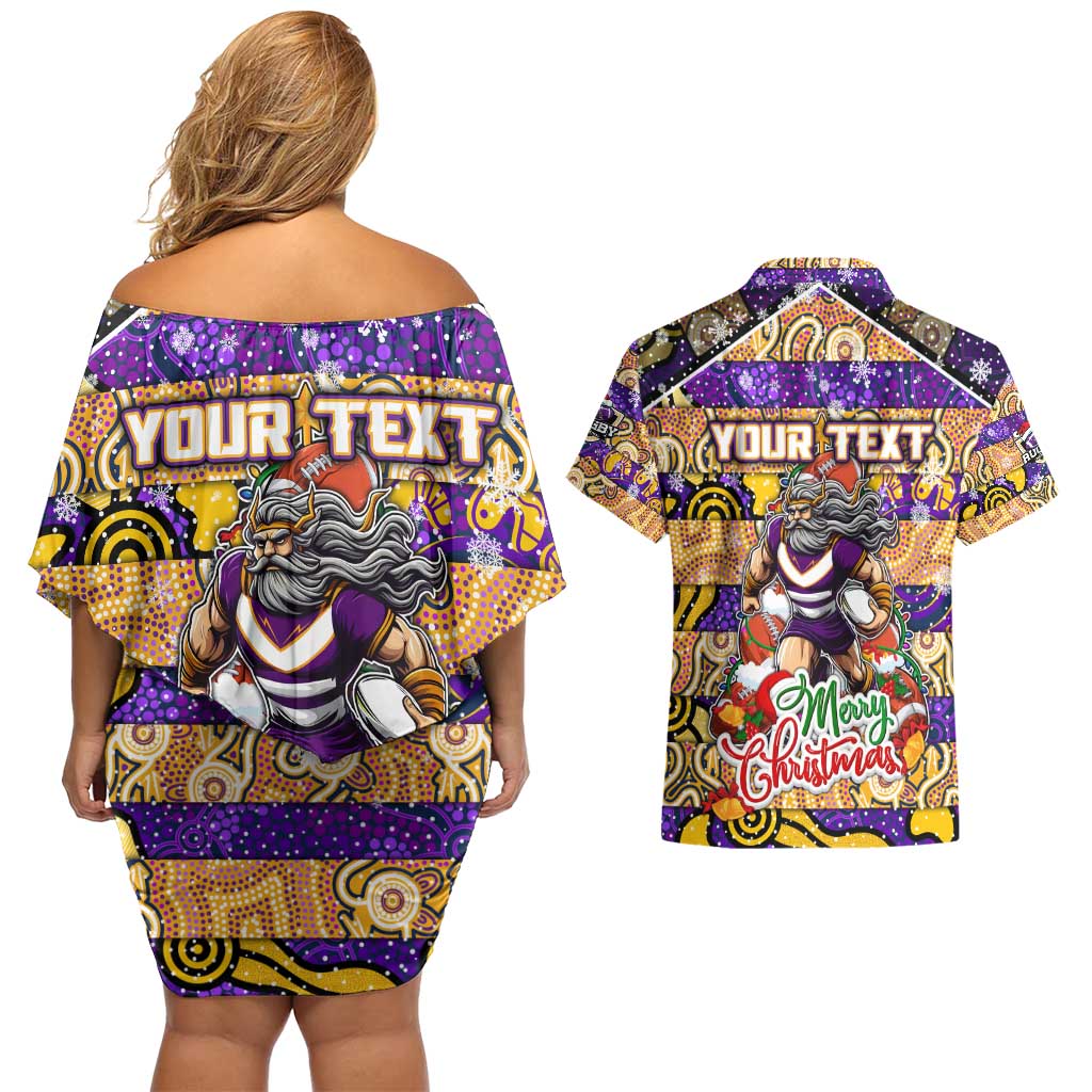 Custom Storm Rugby Merry Christmas Couples Matching Off Shoulder Short Dress and Hawaiian Shirt Indigenous Australian Art
