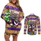 Custom Storm Rugby Merry Christmas Couples Matching Off Shoulder Short Dress and Long Sleeve Button Shirt Indigenous Australian Art