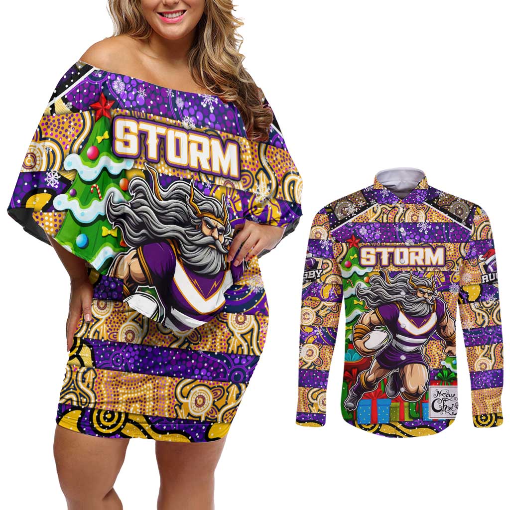 Custom Storm Rugby Merry Christmas Couples Matching Off Shoulder Short Dress and Long Sleeve Button Shirt Indigenous Australian Art