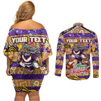 Custom Storm Rugby Merry Christmas Couples Matching Off Shoulder Short Dress and Long Sleeve Button Shirt Indigenous Australian Art