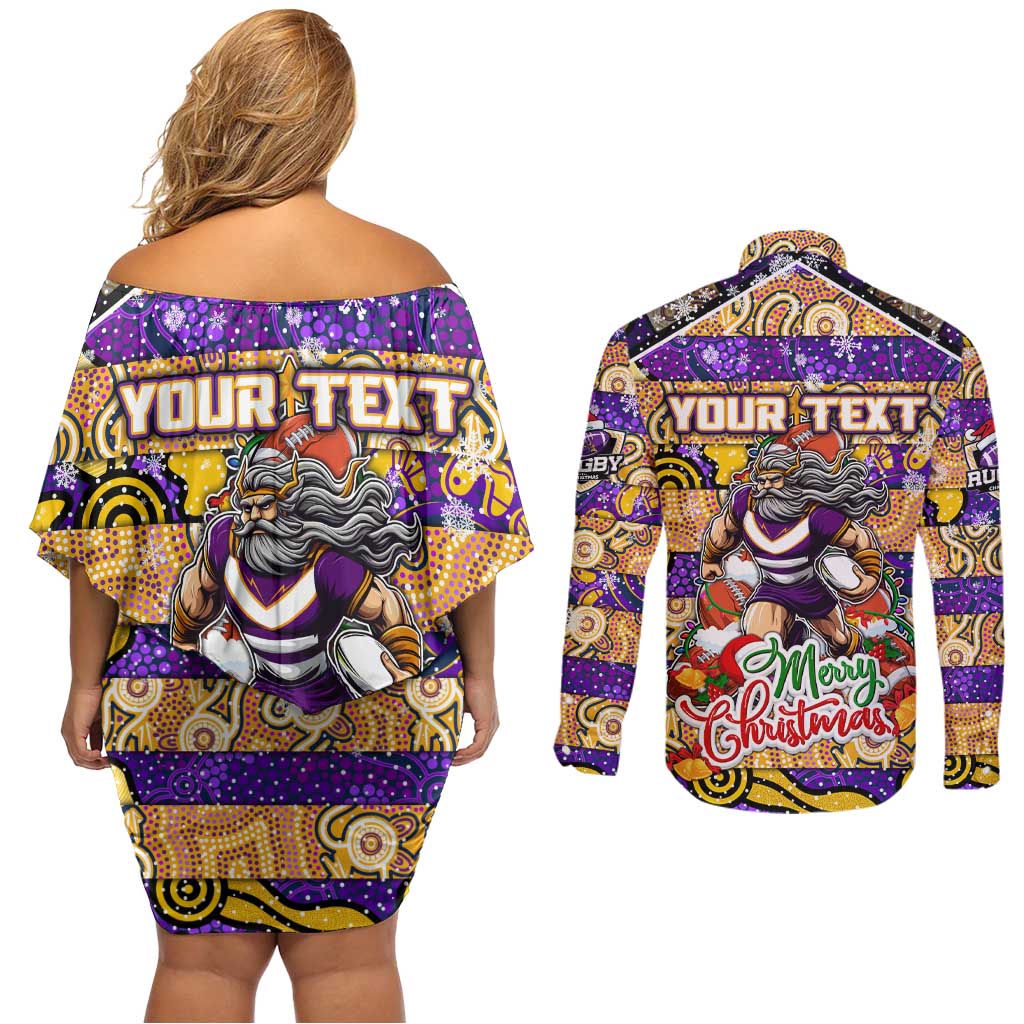 Custom Storm Rugby Merry Christmas Couples Matching Off Shoulder Short Dress and Long Sleeve Button Shirt Indigenous Australian Art