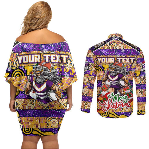Custom Storm Rugby Merry Christmas Couples Matching Off Shoulder Short Dress and Long Sleeve Button Shirt Indigenous Australian Art