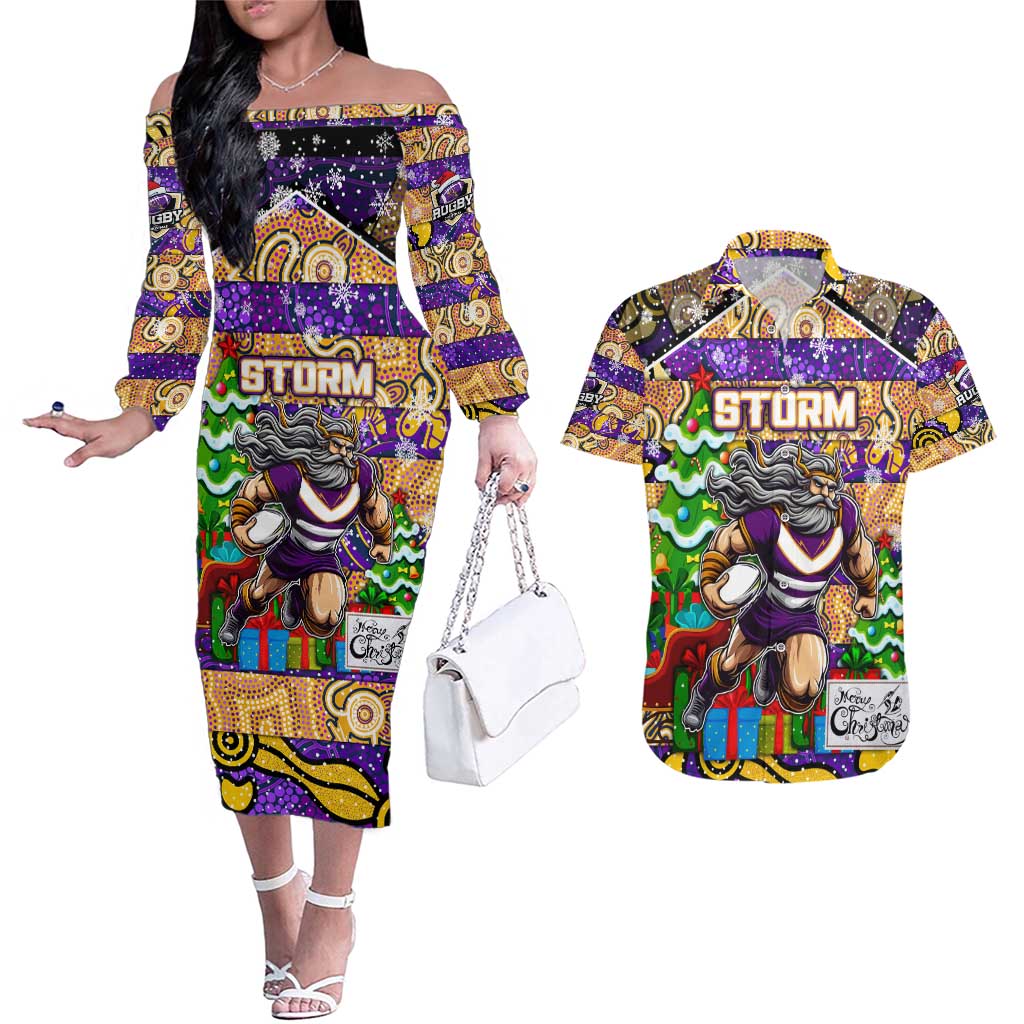 Custom Storm Rugby Merry Christmas Couples Matching Off The Shoulder Long Sleeve Dress and Hawaiian Shirt Indigenous Australian Art
