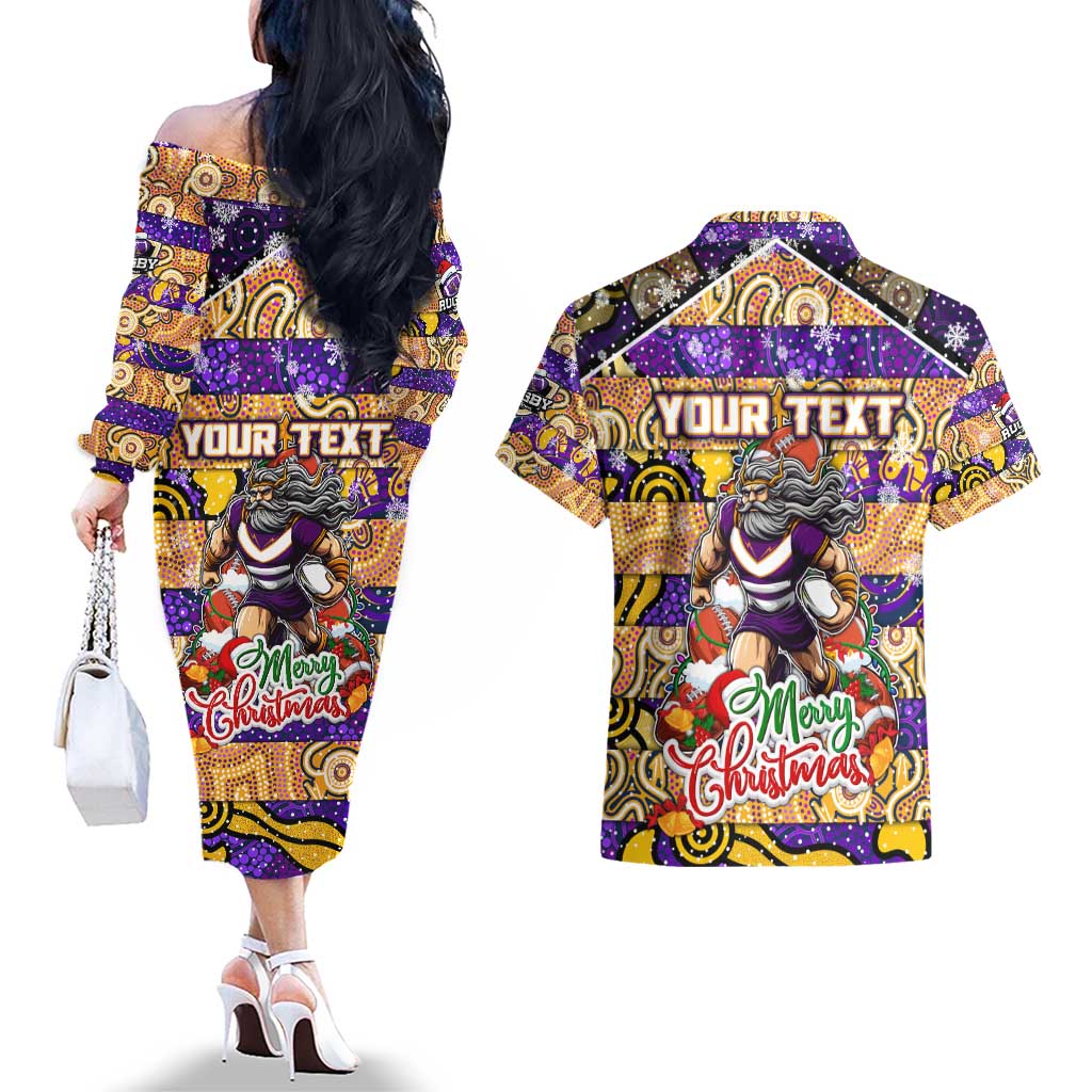 Custom Storm Rugby Merry Christmas Couples Matching Off The Shoulder Long Sleeve Dress and Hawaiian Shirt Indigenous Australian Art