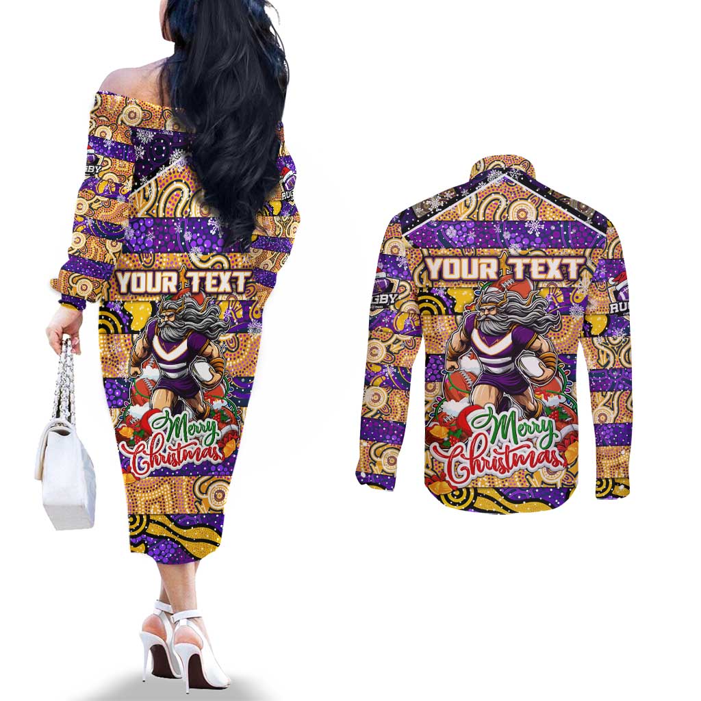 Custom Storm Rugby Merry Christmas Couples Matching Off The Shoulder Long Sleeve Dress and Long Sleeve Button Shirt Indigenous Australian Art