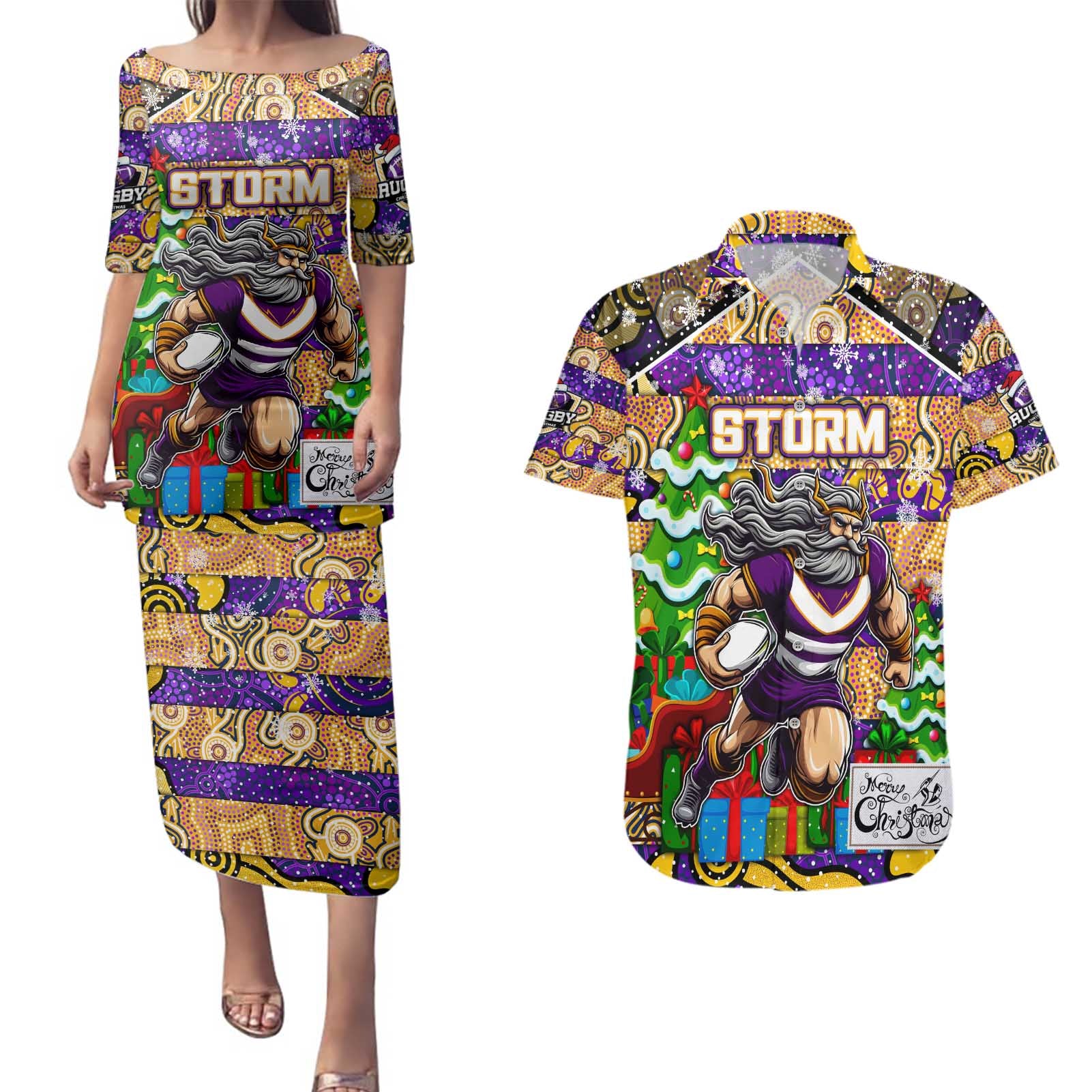 Custom Storm Rugby Merry Christmas Couples Matching Puletasi and Hawaiian Shirt Indigenous Australian Art