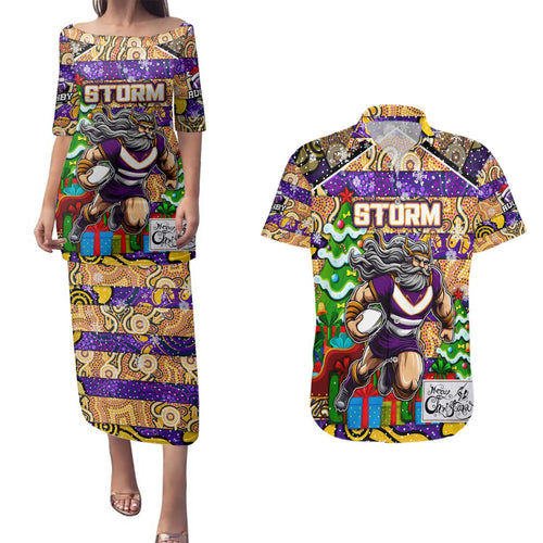 Custom Storm Rugby Merry Christmas Couples Matching Puletasi and Hawaiian Shirt Indigenous Australian Art