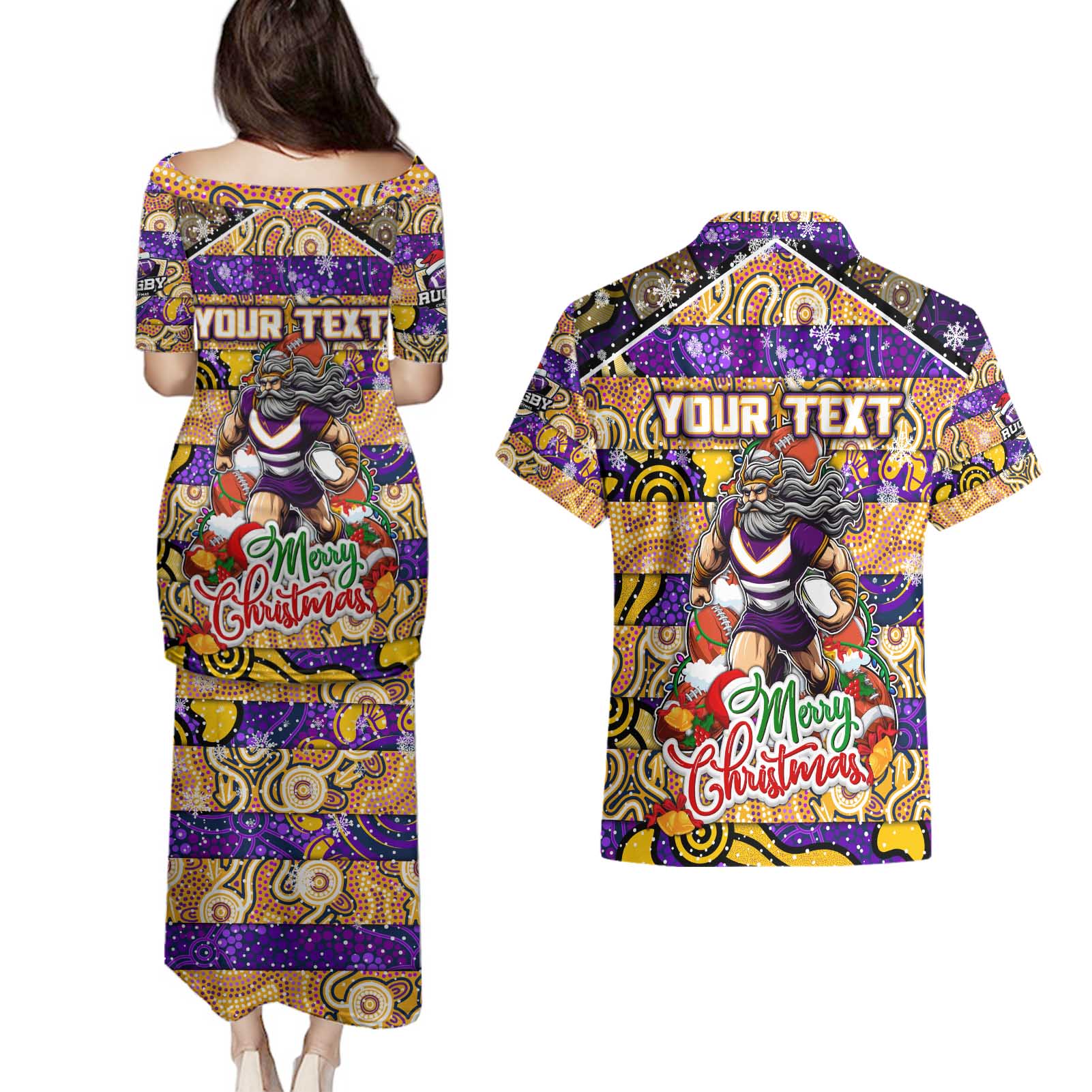 Custom Storm Rugby Merry Christmas Couples Matching Puletasi and Hawaiian Shirt Indigenous Australian Art
