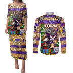 Custom Storm Rugby Merry Christmas Couples Matching Puletasi and Long Sleeve Button Shirt Indigenous Australian Art