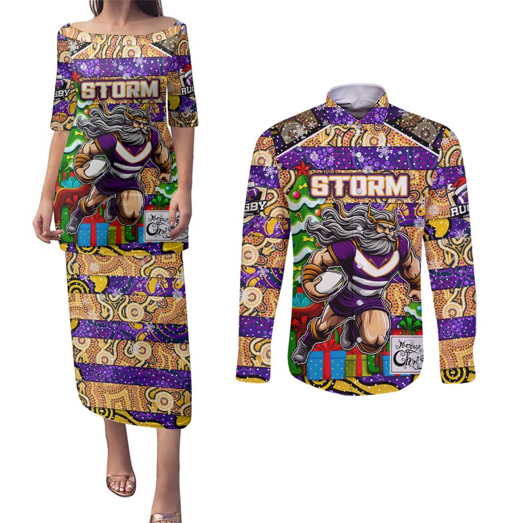 Custom Storm Rugby Merry Christmas Couples Matching Puletasi and Long Sleeve Button Shirt Indigenous Australian Art