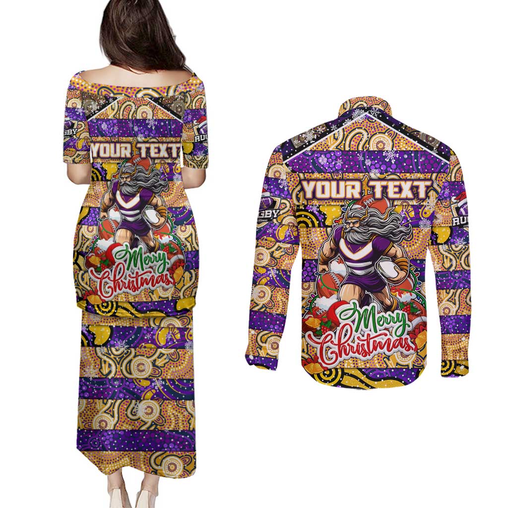 Custom Storm Rugby Merry Christmas Couples Matching Puletasi and Long Sleeve Button Shirt Indigenous Australian Art