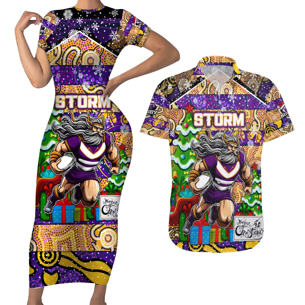 Custom Storm Rugby Merry Christmas Couples Matching Short Sleeve Bodycon Dress and Hawaiian Shirt Indigenous Australian Art