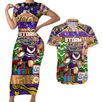 Custom Storm Rugby Merry Christmas Couples Matching Short Sleeve Bodycon Dress and Hawaiian Shirt Indigenous Australian Art
