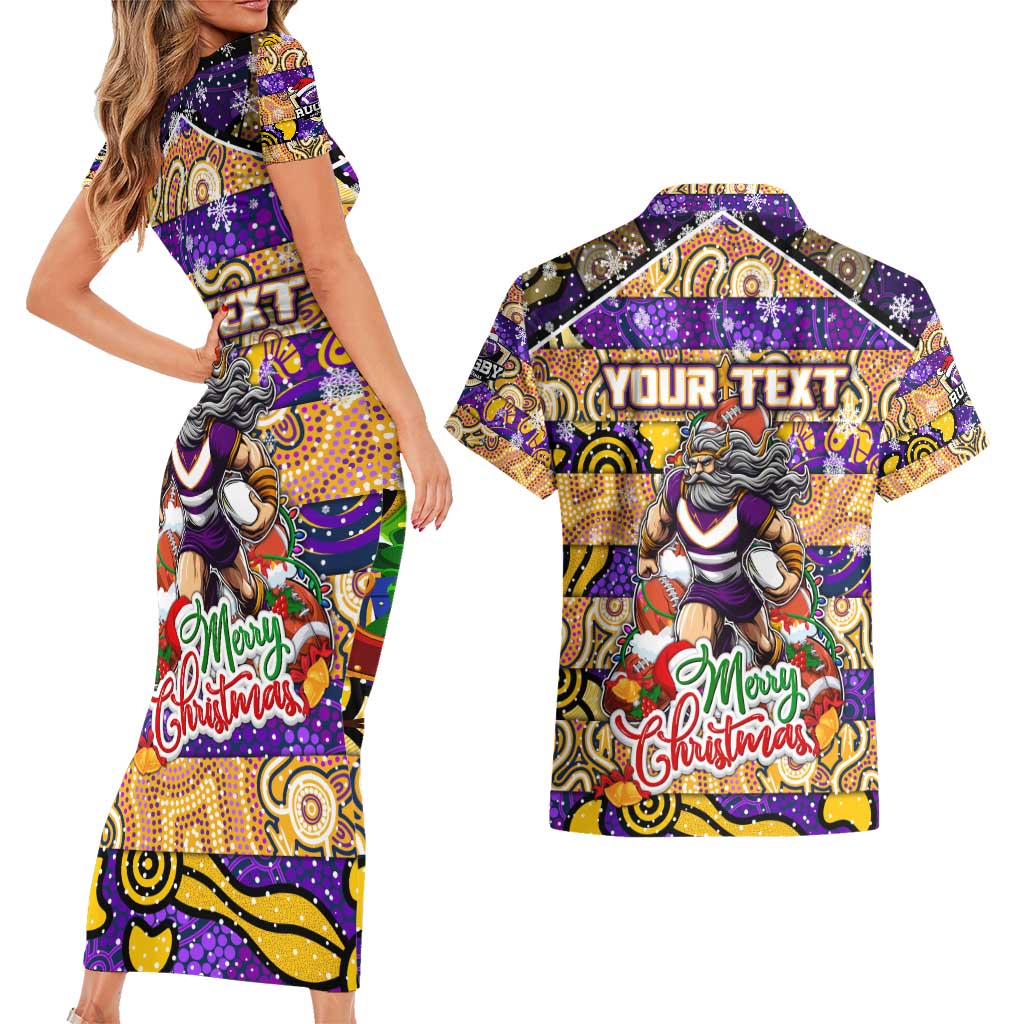 Custom Storm Rugby Merry Christmas Couples Matching Short Sleeve Bodycon Dress and Hawaiian Shirt Indigenous Australian Art