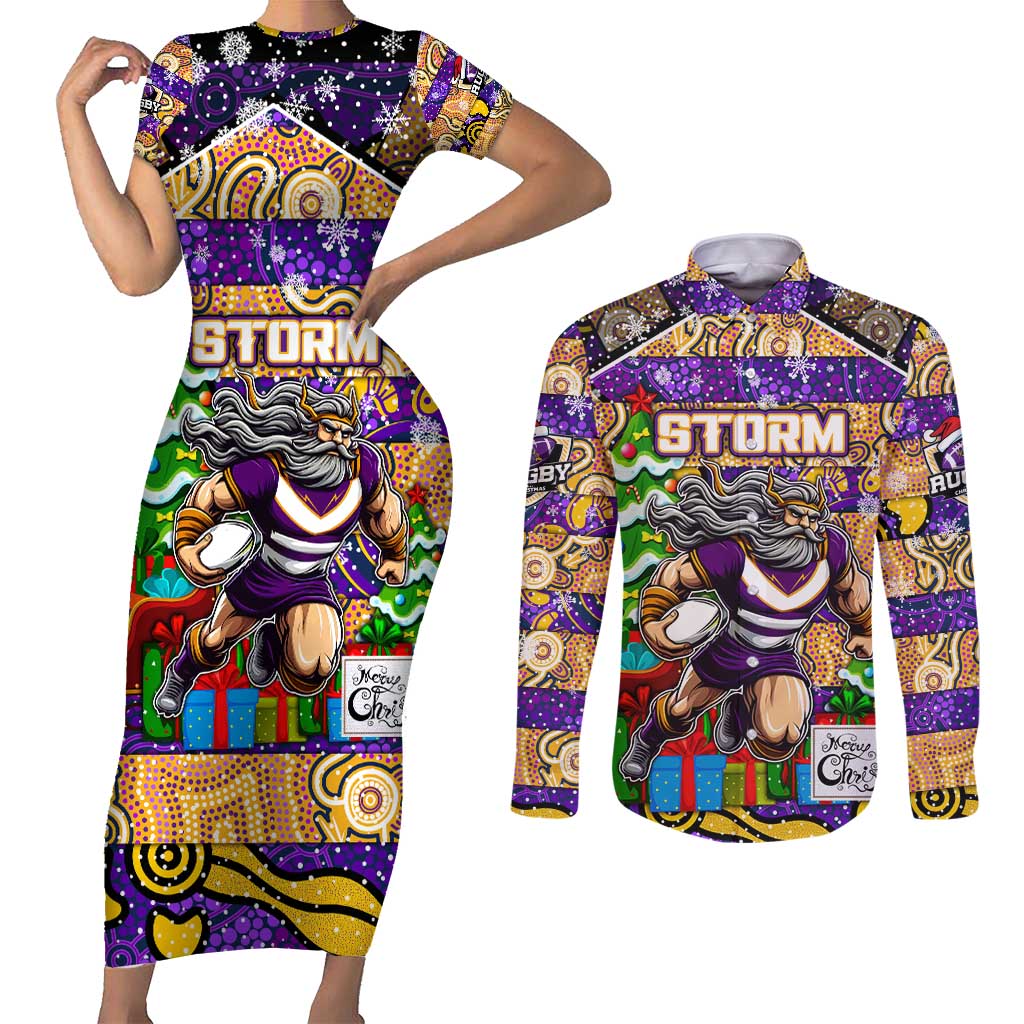 Custom Storm Rugby Merry Christmas Couples Matching Short Sleeve Bodycon Dress and Long Sleeve Button Shirt Indigenous Australian Art