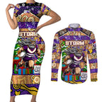 Custom Storm Rugby Merry Christmas Couples Matching Short Sleeve Bodycon Dress and Long Sleeve Button Shirt Indigenous Australian Art