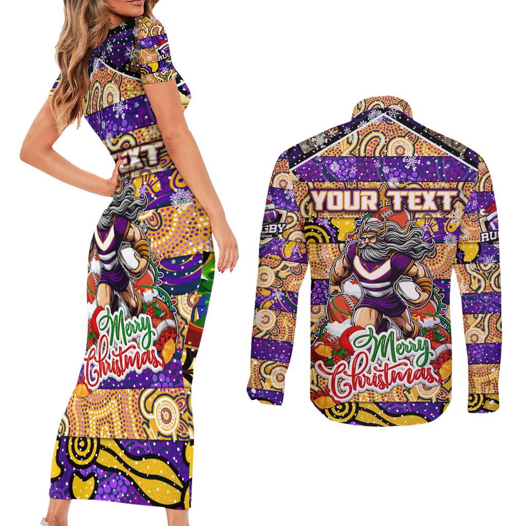 Custom Storm Rugby Merry Christmas Couples Matching Short Sleeve Bodycon Dress and Long Sleeve Button Shirt Indigenous Australian Art
