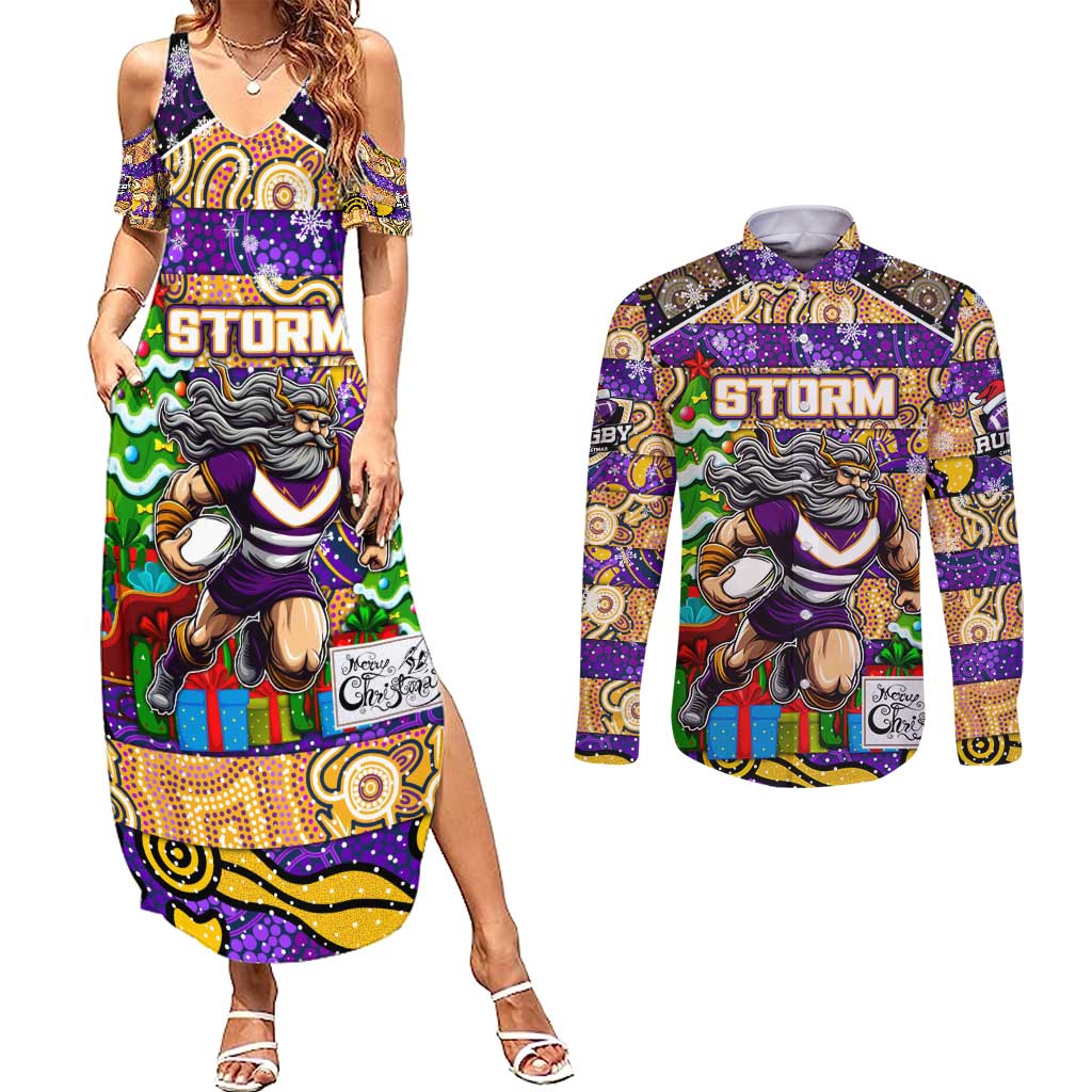 Custom Storm Rugby Merry Christmas Couples Matching Summer Maxi Dress and Long Sleeve Button Shirt Indigenous Australian Art