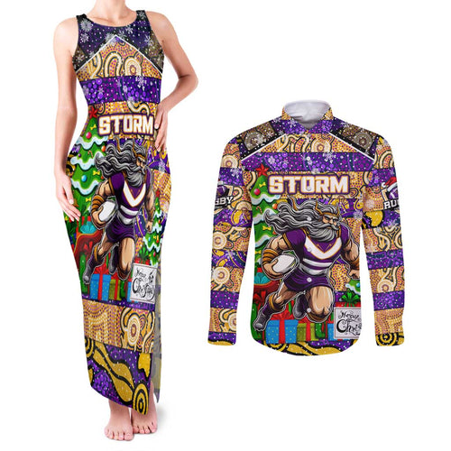 Custom Storm Rugby Merry Christmas Couples Matching Tank Maxi Dress and Long Sleeve Button Shirt Indigenous Australian Art