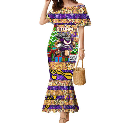 Custom Storm Rugby Merry Christmas Family Matching Mermaid Dress and Hawaiian Shirt Indigenous Australian Art