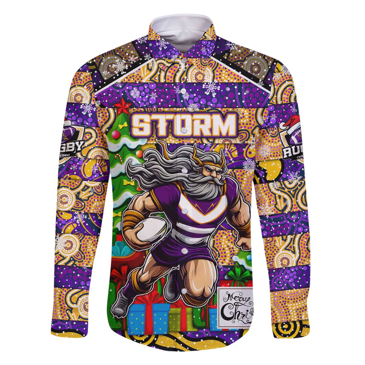 Custom Storm Rugby Merry Christmas Family Matching Off The Shoulder Long Sleeve Dress and Hawaiian Shirt Indigenous Australian Art