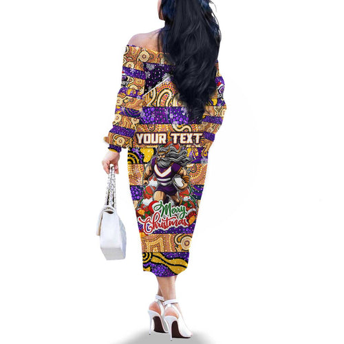 Custom Storm Rugby Merry Christmas Family Matching Off The Shoulder Long Sleeve Dress and Hawaiian Shirt Indigenous Australian Art