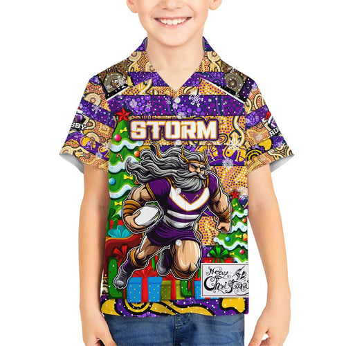 Custom Storm Rugby Merry Christmas Family Matching Off Shoulder Short Dress and Hawaiian Shirt Indigenous Australian Art