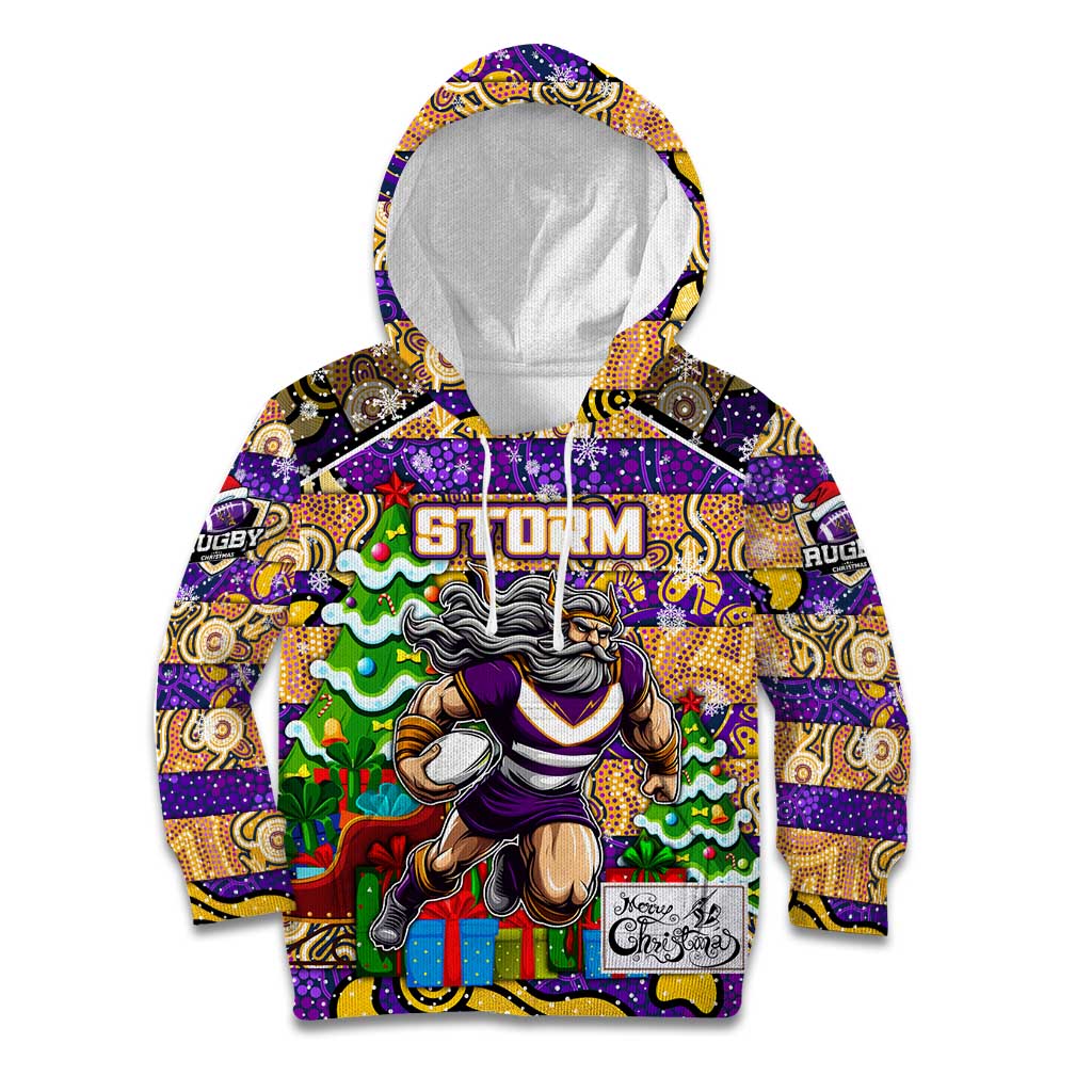 Custom Storm Rugby Merry Christmas Kid Hoodie Indigenous Australian Art