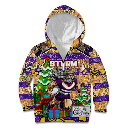 Custom Storm Rugby Merry Christmas Kid Hoodie Indigenous Australian Art