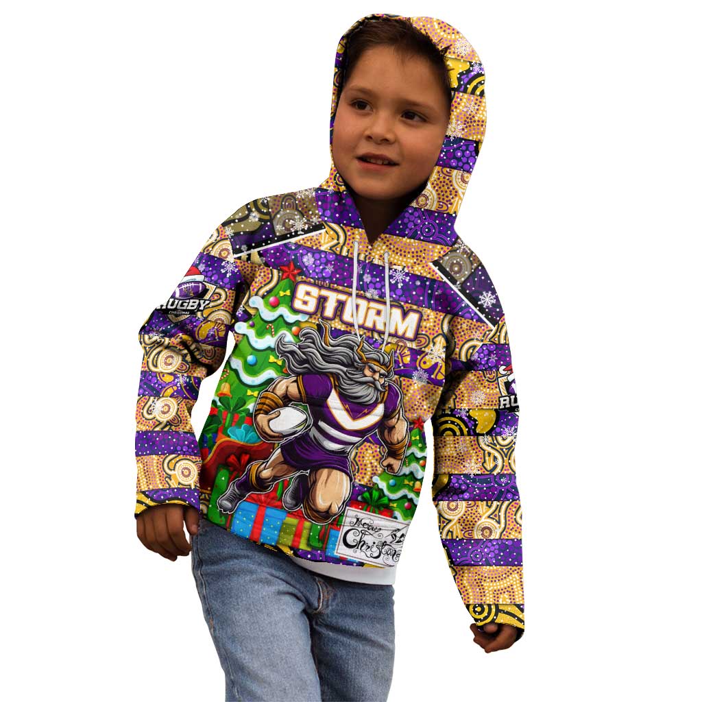 Custom Storm Rugby Merry Christmas Kid Hoodie Indigenous Australian Art