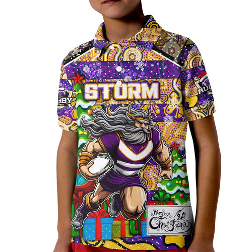 Custom Storm Rugby Merry Christmas Kid Polo Shirt Indigenous Australian Art