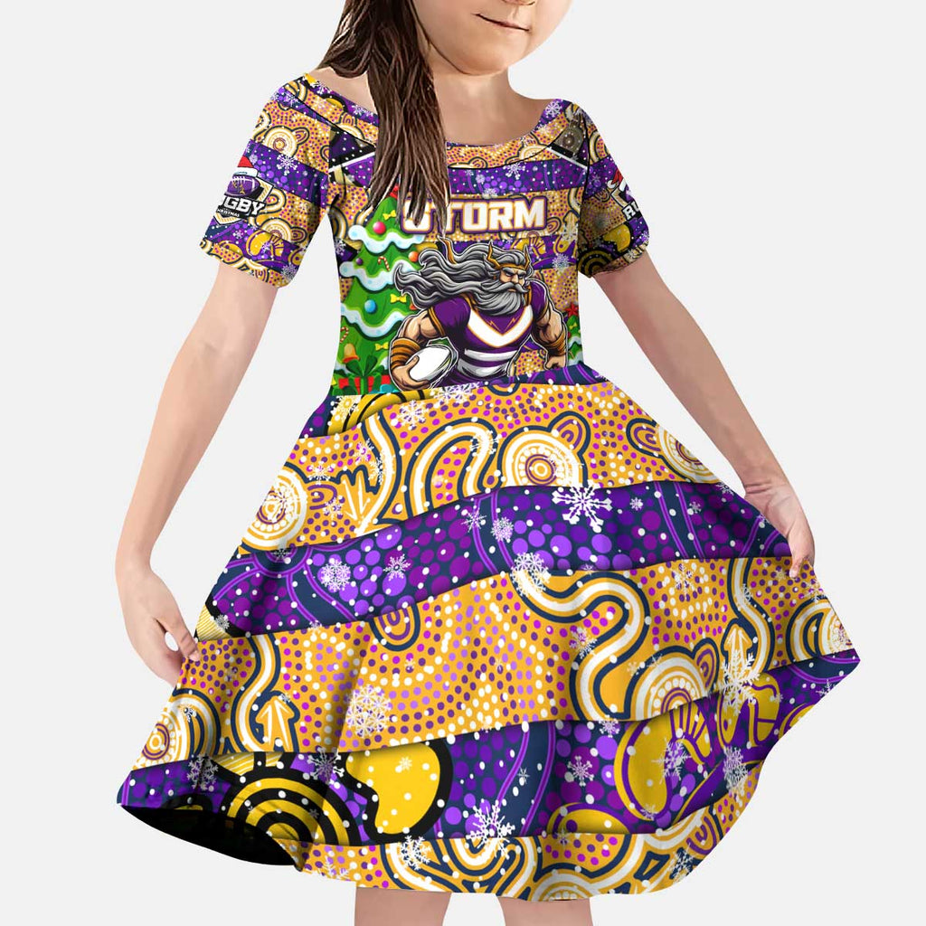 Custom Storm Rugby Merry Christmas Kid Short Sleeve Dress Indigenous Australian Art