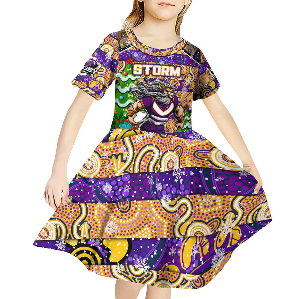 Custom Storm Rugby Merry Christmas Kid Short Sleeve Dress Indigenous Australian Art