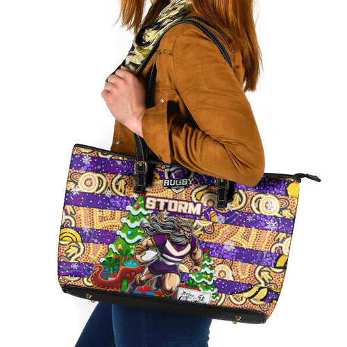 Storm Rugby Merry Christmas Leather Tote Bag Indigenous Australian Art