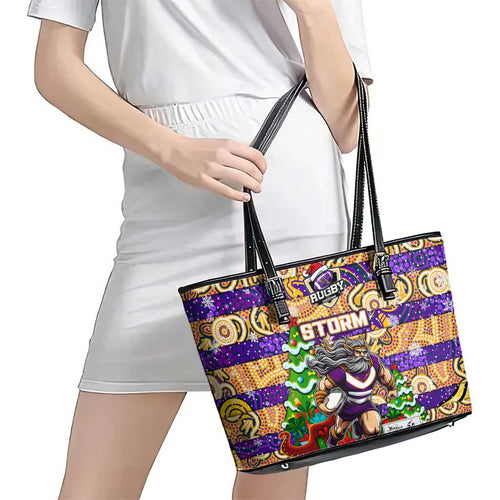 Storm Rugby Merry Christmas Leather Tote Bag Indigenous Australian Art