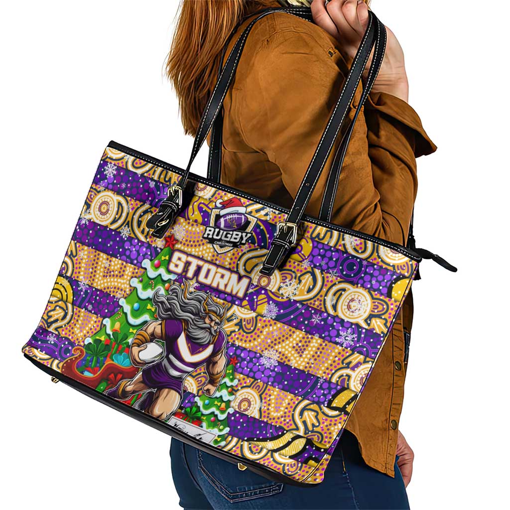 Storm Rugby Merry Christmas Leather Tote Bag Indigenous Australian Art